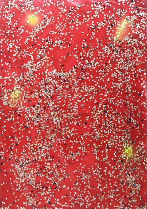 1986<br>Galassie<br>pittura industriale, colore a spruzzo, coriandoli su tela, cellophane<br> cm 100x70