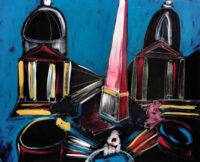 1986<br> Piazza del Popolo<br>pittura industriale, tempera, gessetto su tela<br>cm 60x80