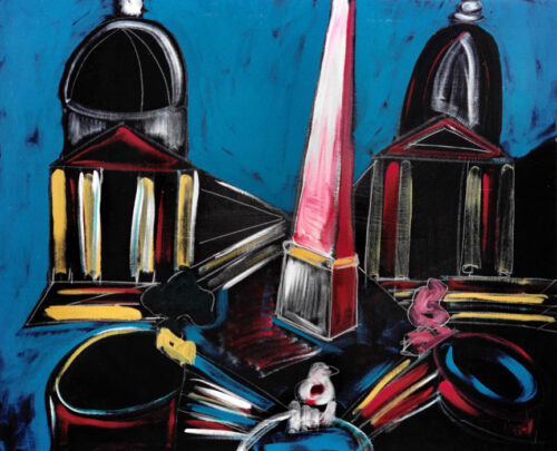 1986<br> Piazza del Popolo<br>pittura industriale, tempera, gessetto su tela<br>cm 60x80