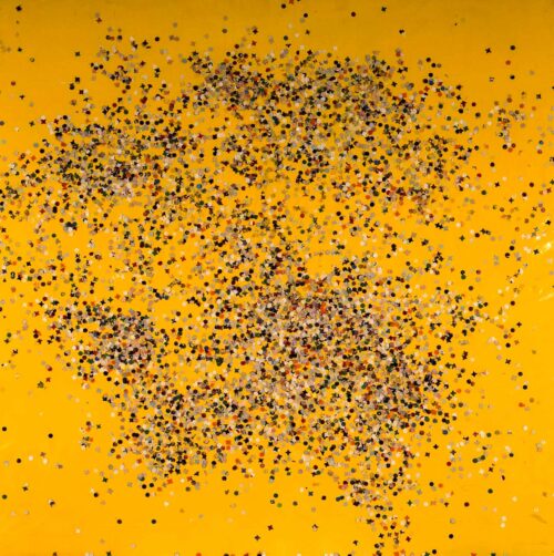 1986<br>pittura industriale, coriandoli su tela, cellophane<br>cm 100x100