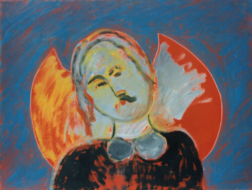 1986<br> Angelo dormiente al mio papy James<br>pittura industriale, tempera, matita su tela <br> cm 60x80