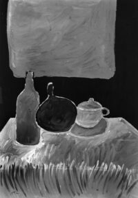 1986<br> Natura morta<br>pittura industriale, tempera, grafite su tela<br> cm 100x70