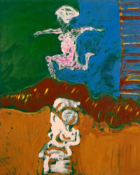 1986<br> Estinzione di un Sabba a Stonehenge<br>pittura industriale, tempera, gessetto su tela<br> cm 160x130