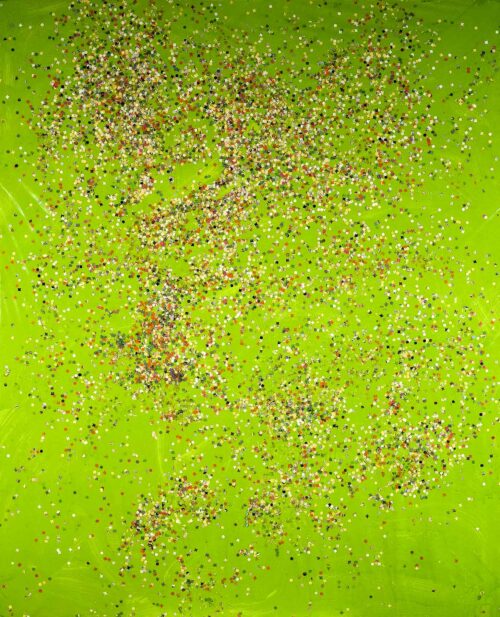 1986<br>pittura industriale, coriandoli su tela, cellophane<br>cm 160x130