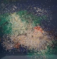 1986<br>pittura industriale, tempera, coriandoli su tela, cellophane<br>cm 165x160