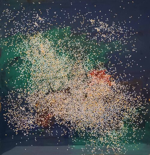 1986<br>pittura industriale, tempera, coriandoli su tela, cellophane<br>cm 165x160