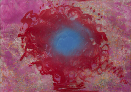 1986<br>smalto industriale, tempera, coriandoli su tela, cellophane <br>cm 50x70