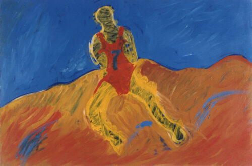 1986<br> Il maratoneta<br> pittura industriale, tempera, gessetto su tela<br> cm 60x90