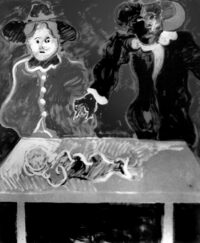 1986 4 aprile<br>Lezioni d'anatomia<br>pittura industriale, tempera, gessetto su tela<br> cm 160x130