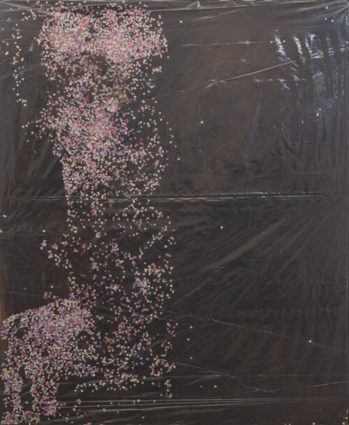 1986 24 novembre<br>Una notte insonne, per Elena Brigliadori<br>pittura industriale, coriandoli su tela, cellophane<br> cm 160x130
