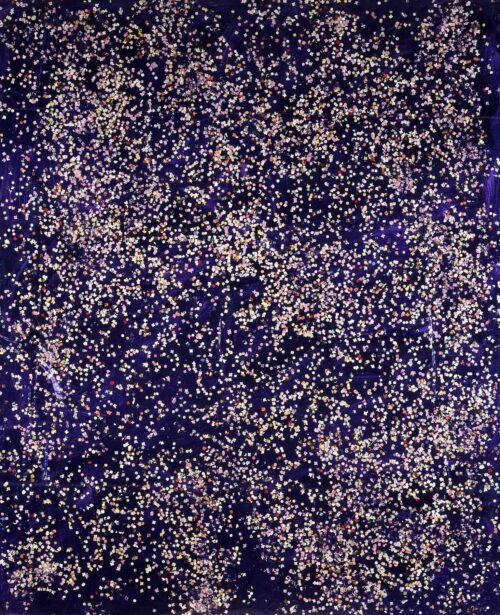 1986<br>tempera, coriandoli su tela, cellophane<br>cm 160x130