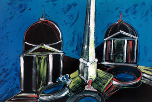 1986<br> Piazza d'Italia<br>pittura industriale, tempera, matita su tela<br>cm 80x115