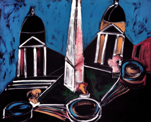 1986<br>Piazza del Popolo<br>pittura industriale, tempera, gessetto su tela<br>cm 80x100
