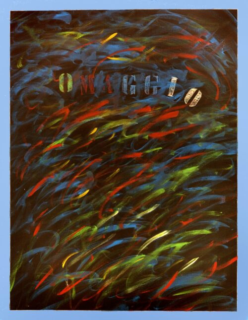 1986<br>Omaggio<br>pittura industriale, tempera, matita su tela <br> cm 115x90