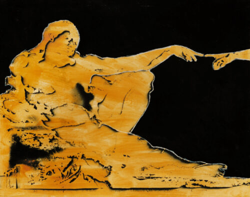 1987<br> pittura industriale, smalto alla anilina, fotografia emulsionata su tela<br>cm 80x100