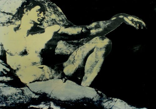 1987<br> pittura industriale, smalto alla anilina, fotografia emulsionata su tela<br>cm 70x100