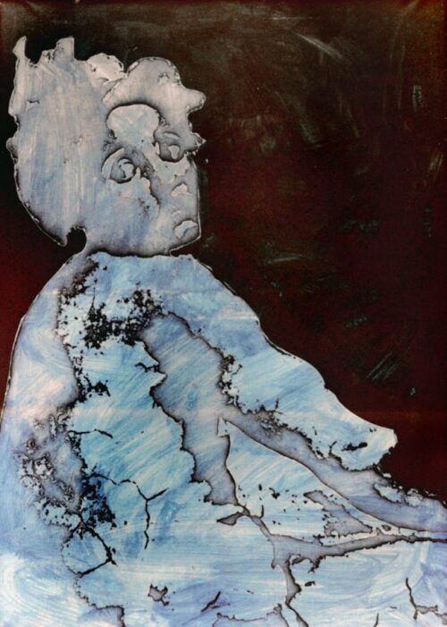 1987<br> pittura industriale, smalto alla anilina, fotografia emulsionata su tela<br>cm 100x70