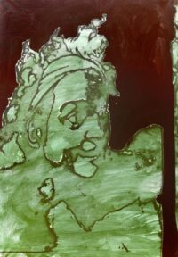 1987<br> pittura industriale, smalto alla anilina, fotografia emulsionata su tela<br>cm 100x70