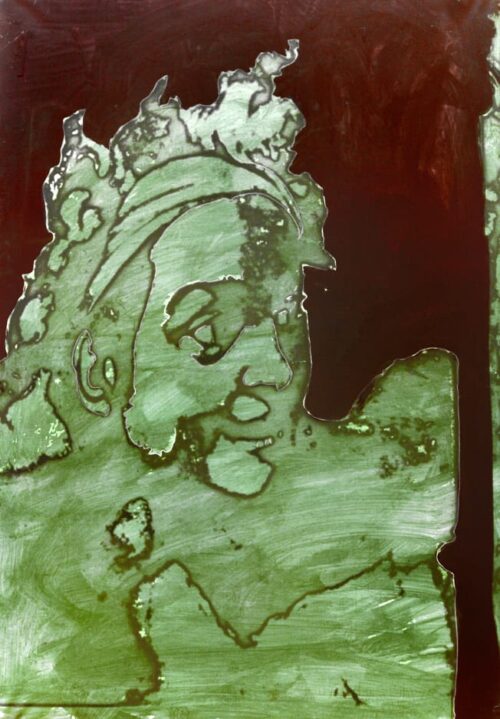 1987<br> pittura industriale, smalto alla anilina, fotografia emulsionata su tela<br>cm 100x70