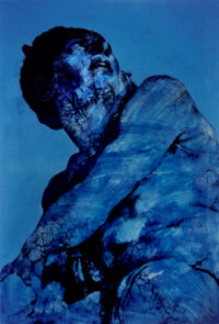 1987<br> pittura industriale, smalto alla anilina, fotografia emulsionata su tela<br>cm 100x70