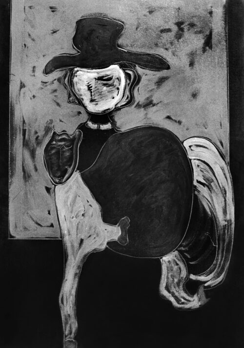 1987<br> Il Cavaliere senza volto<br>pittura industriale, tempera, gessetto su tela<br> cm 90x60