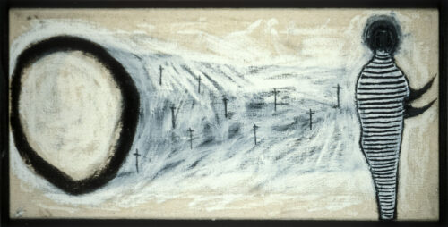 1987<br> tecnica mista su tela<br> cm 50x120<br>