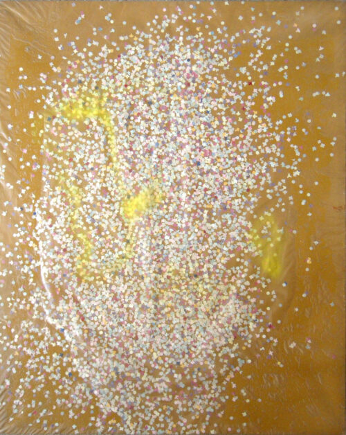 1987<br> pittura industriale, colore a spruzzo, coriandoli su tela e cellophane <br> cm 100x80