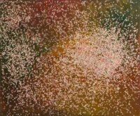 1987<br> Dai quattro fiumi di G. Ungaretti Il Piave<br> tempera, colore a spruzzo, coriandoli su tela e cellophane<br> cm 100x120