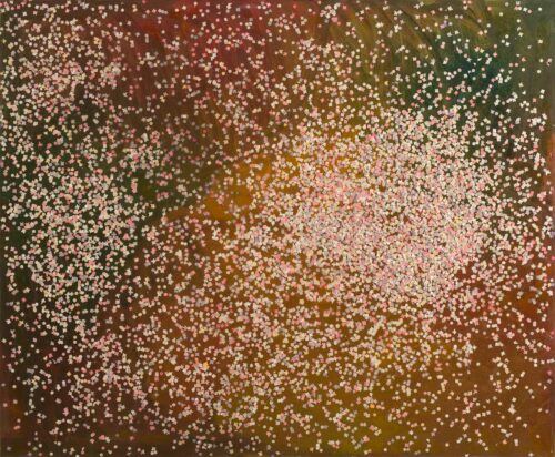 1987<br> Dai quattro fiumi di G. Ungaretti Il Piave<br> tempera, colore a spruzzo, coriandoli su tela e cellophane<br> cm 100x120