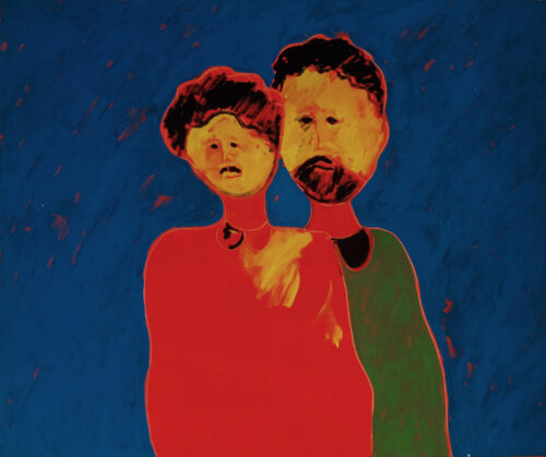 1987<br> Guido Cavalcanti and his wife (woman)<br>pittura industriale, tempera, gessetto su tela<br> cm 100x120