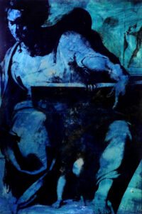 1987<br> pittura industriale, smalto alla anilina, fotografia emulsionata su tela<br>cm 100x70