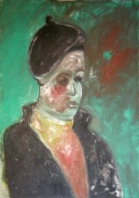 1987<br>dedicata a Federico Fellini<br> olio e tempera su tela<br> cm 100x70