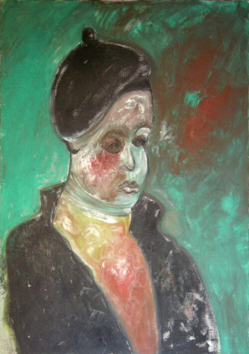 1987<br>dedicata a Federico Fellini<br> olio e tempera su tela<br> cm 100x70