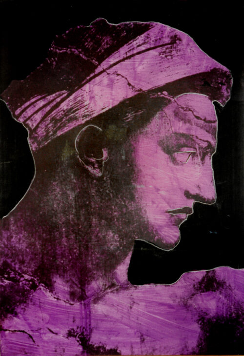 1987<br> pittura industriale, smalto alla anilina, fotografia emulsionata su tela<br>cm 100x70