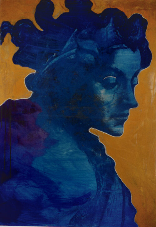 1987<br> pittura industriale, smalto alla anilina, fotografia emulsionata su tela<br>cm 100x70