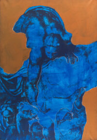 1987<br> pittura industriale, smalto alla anilina, fotografia emulsionata su tela<br> cm 100x70