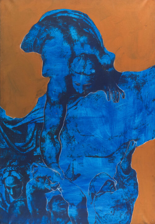 1987<br> pittura industriale, smalto alla anilina, fotografia emulsionata su tela<br> cm 100x70