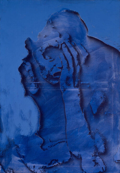 1987<br> Dal giudizio universale<br> pittura industriale, smalto alla anilina, fotografia emulsionata su tela<br> cm 100x70