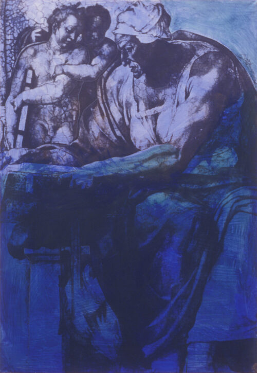 1987<br> Da Michelangelo<br>smalto alla anilina e fotografia emulsionata su tela<br> cm 100x70