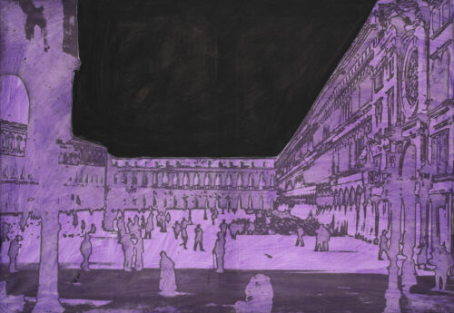 1987<br>pittura industriale, smalto alla anilina, fotografia emulsionata su tela<br> cm 70x100