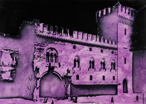 1987<br> pittura industriale, smalto alla anilina, fotografia emulsionata su tela<br>cm 70x100