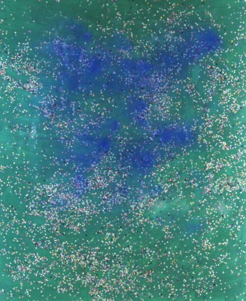 1987<br> pittura industriale, colore a spruzzo, coriandoli su tela e cellophane<br> cm 160x130