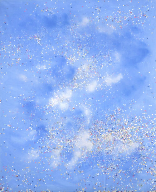 1987<br>pittura industriale, colore a spruzzo, coriandoli su tela e cellophane<br> cm 160x130