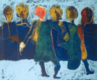 1987<br> L'entrata di Cristo a Bruxelles da J. Ensor<br> pittura industriale, tempera, gessetto su tela<br> cm 130x160