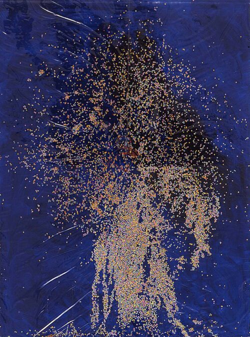 1987<br> La galassia di Andromeda, androgino<br> pittura industriale, coriandoli su tela e cellophane<br> cm 240x180