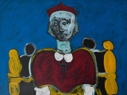 1987<br>' Cardinale, a Buganelli '<br> pittura industriale, tempera, gessetto su tela<br> cm 60x80