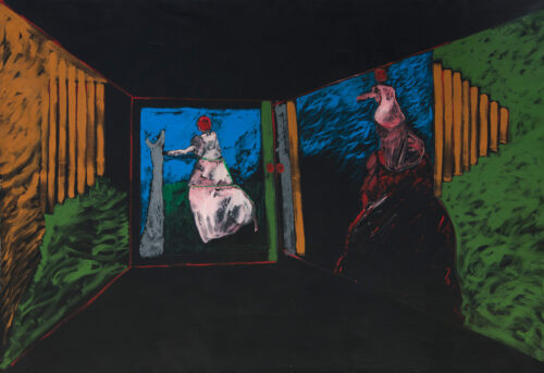 1987<br>' La Virginiana '<br> pittura industriale, tempera, gessetto su tela<br> cm 190x280