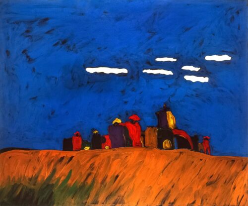 1987<br>Battaglia<br>pittura industriale, tempera, gessetto su tela<br> cm 100x120