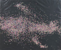 1987<br> Andromeda<br>pittura industriale, coriandoli su tela, cellophane<br>cm 100x120