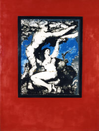 1987 2 aprile<br> collage fotografico, pittura industriale, tempera, cornice di legno su tavola<br> cm 230x180